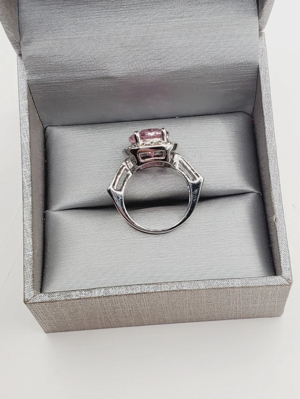 Pink Oval Halo Cocktail Ring in Silver Tone